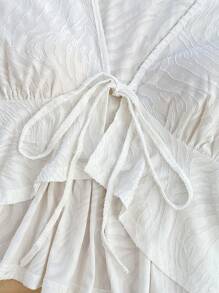 Soleia 女士度假白色纹理前开领带腰部喇叭下摆长袖衬衫，适合派对、约会、情人节、分层或单独穿着 - 白色 - 查看 2