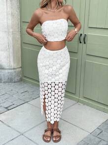 Breezaya Elegant White 3D Polka Dot Tie-Up Bandeau & Slit Skirt 2 Pieces Set For Women - White - View 5