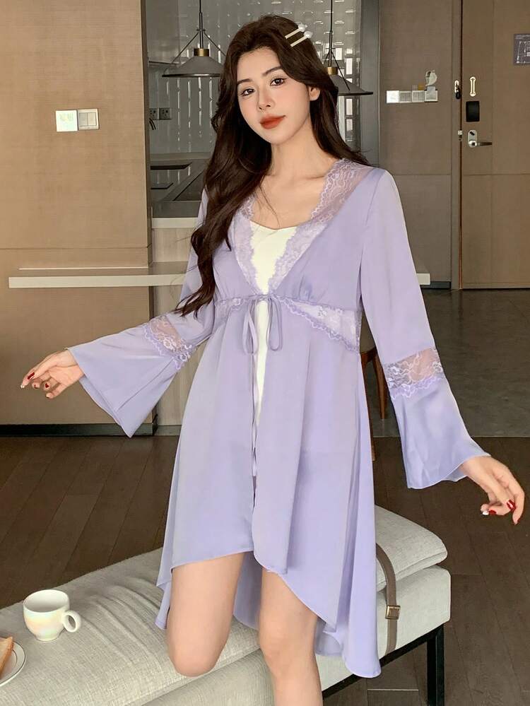 Romantic Satin Contrast Lace Cinched Waist Front Ruffle Sleeve Women's Robe Pajama
