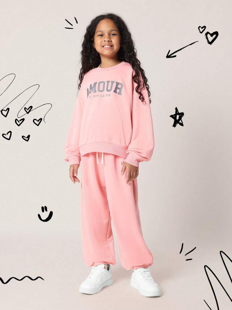 French Text Print Sweatshirt Jogger Set With Drawstring