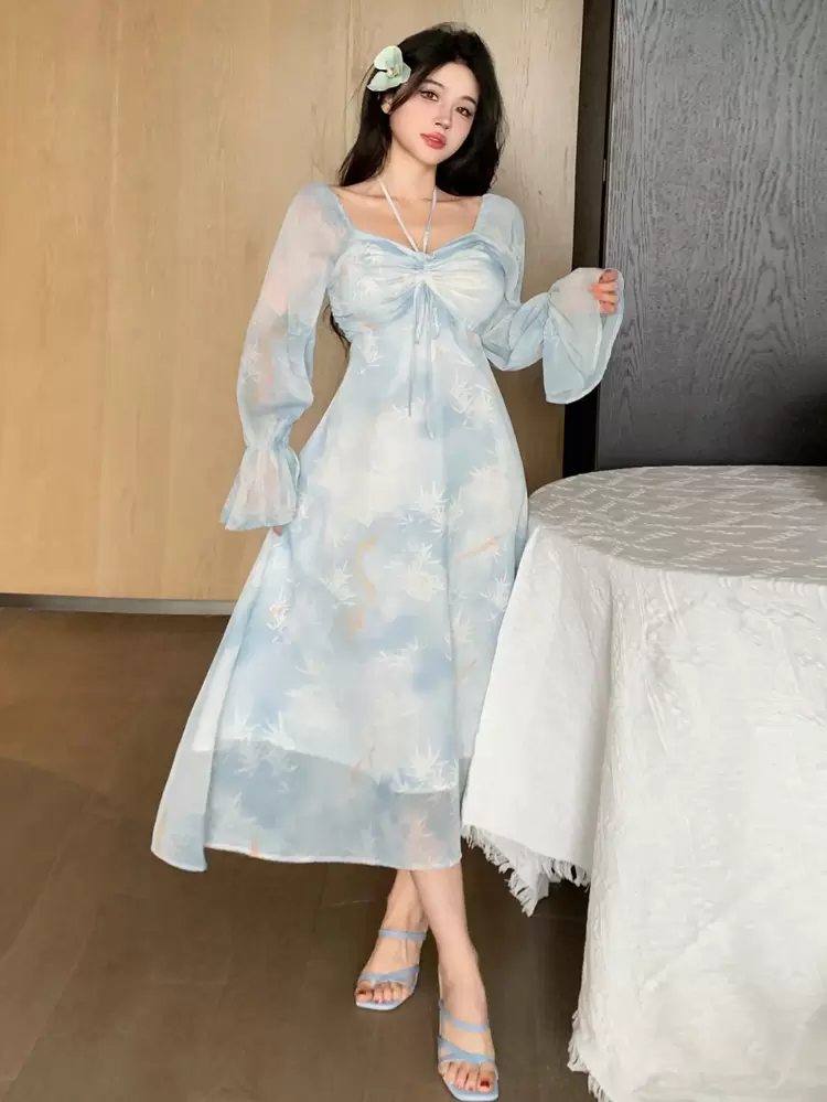 Fall New Bohemian Style Halter Neck Long Dress For Beach Holiday Long Sleeve Dress Floral