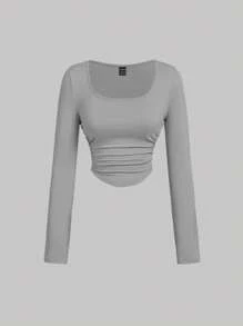 SHEIN MOD 女士休闲百搭纯色褶皱 T 恤 - 灰色 - 查看 5