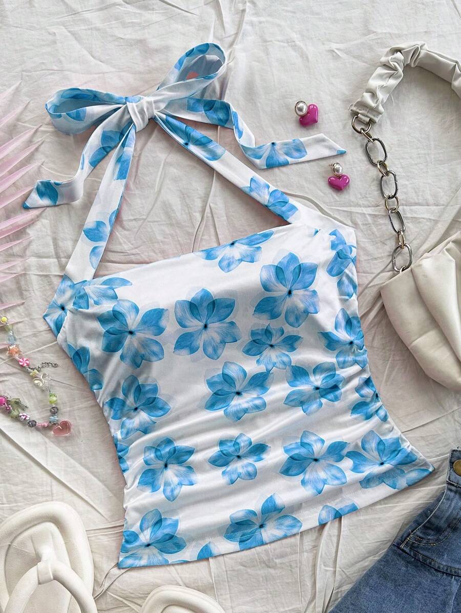 Soleia 女士度假系带领浪漫印花侧褶露背上衣，时尚秋冬汗衫 - 淺藍色 - 查看 1