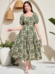 SHEIN Leap Crew Teen Girl Spring & Summer Green Casual Holiday Traditional Pattern Puff Sleeves Loose A-Hem Waist Long Dress,Vacation Style,Holiday,Beach, Boho, Summer Clothes,Outfits - Green - View 5