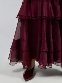 Ontre 2025春季新款女装，情人节，安哥拉红色荷叶边系腰超长连衣裙，蓬蓬裙摆，长袖花瓣袖，后领系带荷叶边长裙 - 酒紅色 - 查看 7