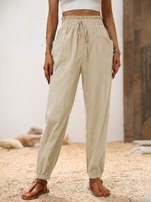 Chiquease Women's Solid Color Ruffle Waist Tie Pocket Casual Full Length Pants Fall Cloth For Women - Apricot - View 5