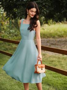 Vintamour 复古优雅女式连衣裙，带口袋纽扣，休闲度假夏季女式服装，度假服装女士浪漫连衣裙，女士夏季连衣裙，女士海滩服装，90 年代服装连衣裙 - 藍色 - 查看 1