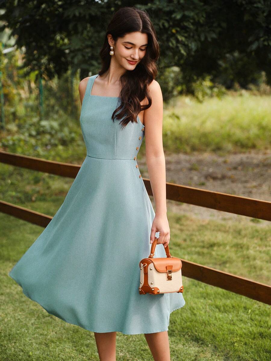 Vintamour 复古优雅女式连衣裙，带口袋纽扣，休闲度假夏季女式服装，度假服装女士浪漫连衣裙，女士夏季连衣裙，女士海滩服装，90 年代服装连衣裙 - 藍色 - 查看 1