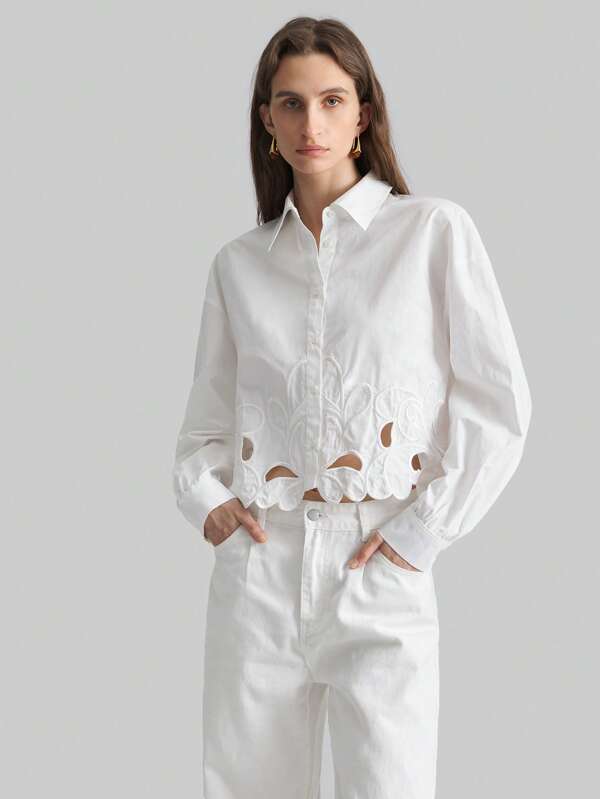 Ontre Women's 2025 New Hollow Embroidery Hem Short Blouse, Minimalist Fashion Casual Daily Wear, Bohemian Style, For Holiday, Festival, Spring