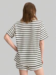 Ontre 2pcs Women Stripe Polo Collar Short Sleeve Top And Shorts Set, Casual Knit Suit Combo Outfit, Spring/Summer