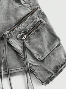 ROMWE MEN Grunge Punk 男士 Street Cargo 复古水洗大口袋牛仔短裤 - 灰色 - 查看 7