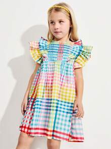 SHEIN Leap Crew Toung Girls Colorful Plaid Print Ruffled Two-Layer Cap Sleeve A-Line Loose Dresses, Casual Holiday Style
