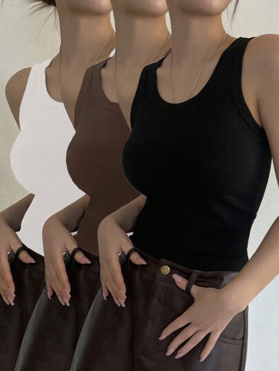 SHEIN Essnce paquete de 3 blusas de tirantes minimalistas y casuales de cuello redondo y ajuste ceñido, adecuadas para el verano