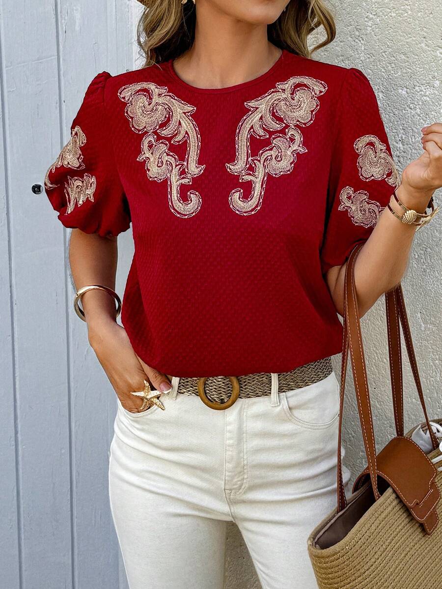 SHEIN LUNE Chemise à manches bouffantes froncées avec broderie florale pour femmes - Rouge foncé - Voir 1