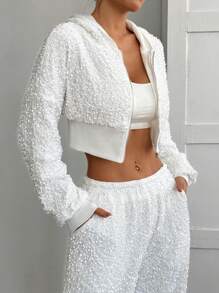 SHEIN EZwear Bộ 2 áo nỉ và quần lấp lánh, trang phục thường ngày đơn giản thời trang - trắng - Xem 6