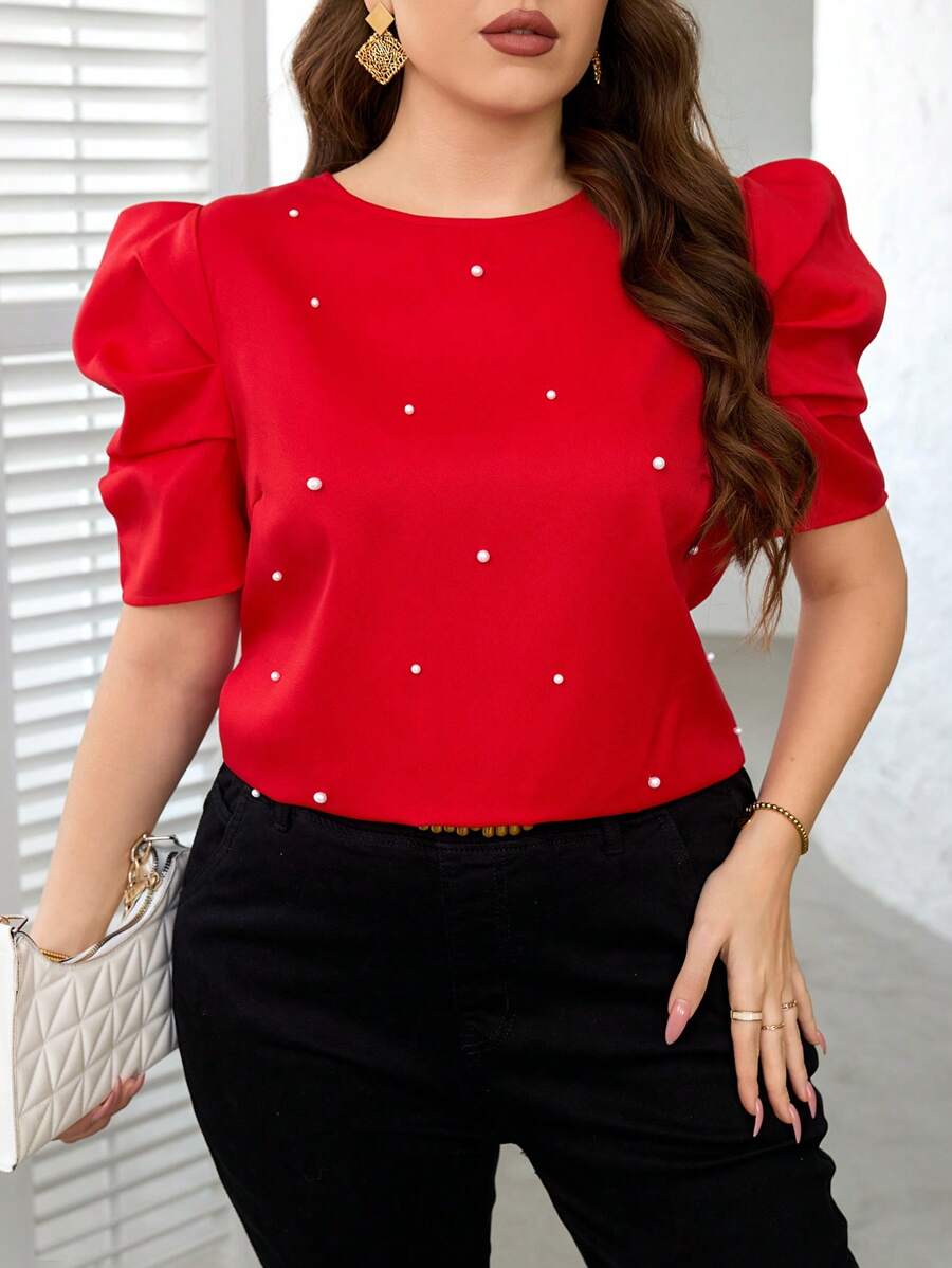 SHEIN Clasi 大码红色串珠泡泡袖衬衫、夏季外出上衣、女士春季服装