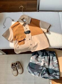 SHEIN 2 Packs Young Boys Casual Street Fashion Colorblock Shirt And Camouflage Shorts Set Suitable For School Suitable For Travel Suitable For Sports Suitable For Spring And Summer Seasons