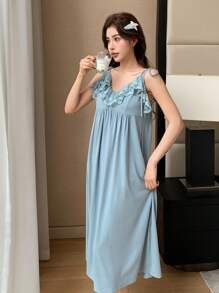 DAZY Camisón de pijama con tirantes de lazo y volantes de encaje - Azul - Ver 6