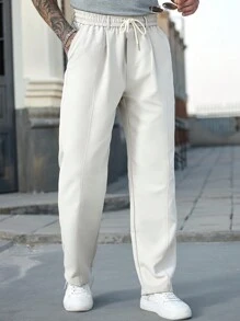 Manfinity CasualCool 新款日本风格宽松直筒裤，松紧腰，休闲时尚，白色男士裤子 - 米色 - 查看 5