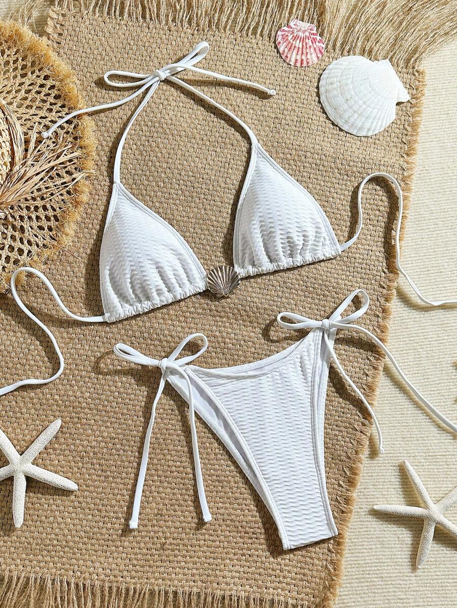 SHEIN Swim Bộ bikini gợi cảm họa tiết sóng trắng trang trí vỏ sò cho nữ, dùng cho hồ bơi, bãi biển mùa hè, kỳ nghỉ, tiệc tùng - trắng - Xem 1