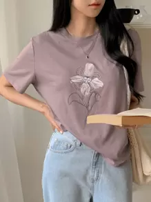 DAZY 花卉圖案圓領休閒寬鬆T恤，適合青少年女孩夏季穿著 - 淡紫色 - 查看 1