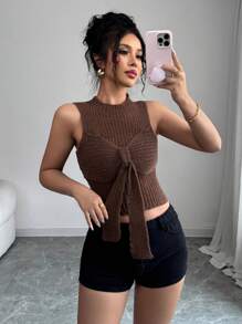 Chiquease Nueva Top de punto transparente con escote halter, sin mangas, con moño, ajustada, para primavera/verano