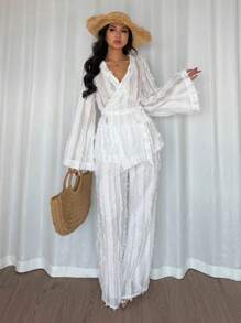 Rafferiza 优雅浪漫羽毛装饰透视长袖和裤子两件套 - 白色 - 查看 5