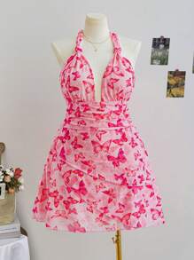 Soleia Plus Size Romantic Valentine's Day Floral Butterfly Print V-Neck Halter Mini Dress With Tie Detail And Ruffled Mesh, Summer - Multicolor - View 1