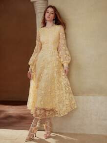 MOTF PREMIUM FLORAL EMBROIDERY CONTRAST MESH DRESS - Yellow - View 2