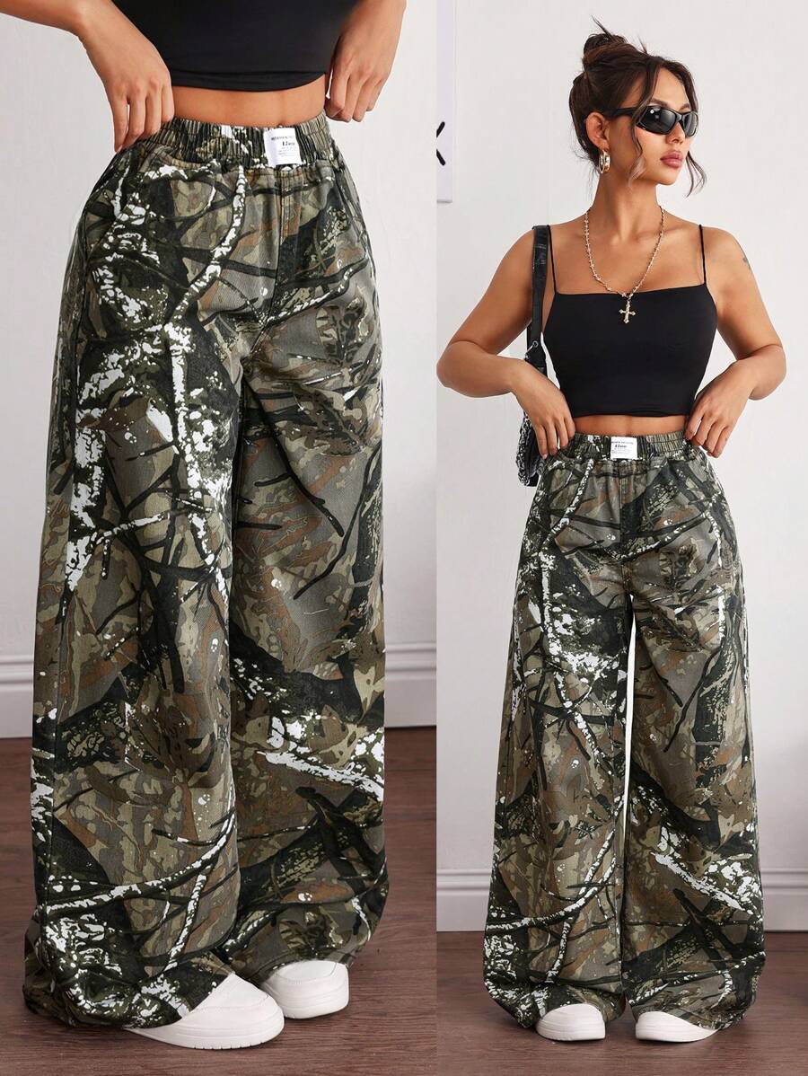 SHEIN EZwear 女款树枝图案字母刺绣宽松牛仔裤 - 軍綠色 - 查看 1