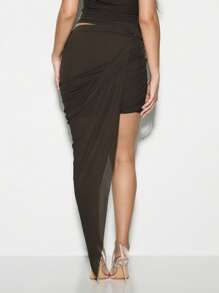 KIZN Draped Mesh Asymmetric Mini Skirt Ruched Bodycon Party Club Evening Wear Night Out Statement Piece Modern Contemporary Fashion - Brown - View 2