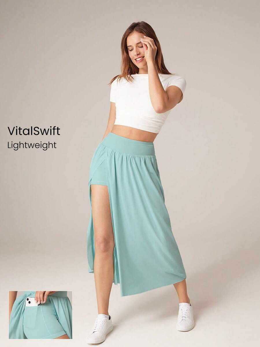 GLOWMODE 纯色褶皱简约开叉运动短裙，休闲度假