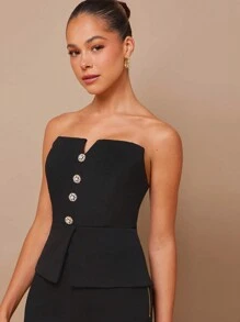 L'Amorae Summer Women, Women, Elegant Office Look Front Split Strapless Black Top With Gold And Faux Pearl Buttons, Women Tops, Summer Tops, Tube Top, Crop Top, Office Women, Old Money, Daily. For Date Night, Concerts, Performances, Parties