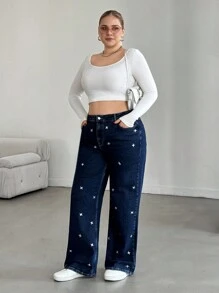 RueChic Plus High Waist Shiny Detailed Straight Jean - Dark Wash - View 4