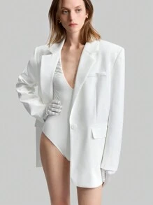 Ontre 2025 New Women's White V-Neck Ruched Waist Long Sleeve Bodysuit, Fashionable & Elegant, Suitable For Parties And Dates, Spring - White - View 7