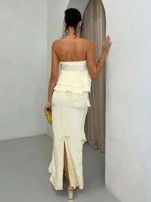 SHEIN BAE Váy suông dài bó sát có họa tiết nhún bèo nhún mùa xuân/hè, váy đi nghỉ, váy hẹn hò ngày lễ tình nhân, váy ngắn phù dâu, váy vàng - Màu vàng - Xem 2