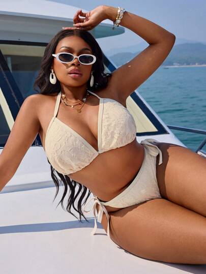 Swim SXY Plus Size Women 2pcs Halter Neck Triangle Top & Tie-Side Bottom Bikini Set, Elegant & Sexy For Summer Beach Vacation