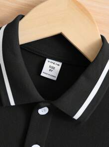 SHEIN 青少年男孩纯色针织 Polo 衫（有领） - 黑色 - 查看 3