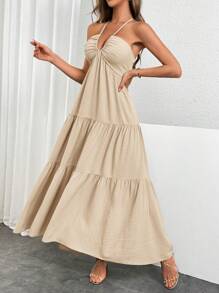 Firerie Women's Halter Tie-Up Backless Dress, Suitable For Vacation And Wedding Events