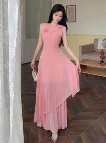 Modelyn Robe de soirée élégante à volants asymétriques avec décoration florale en 3D sur une chaîne de maille pour femme, robe pour invitée de mariage