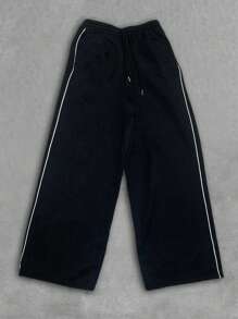 SHEIN EZwear Women Contrast Trim Drawstring Waist Wide Leg Sweatpants - Black - View 4