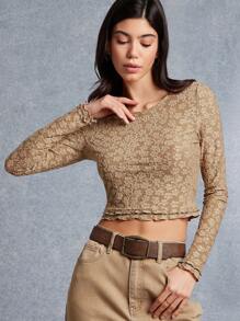 WESTFADE Parte superior acortada con cuello redondo, manga larga ajustada, ribete de hojas y estampado floral de punto para primavera y verano