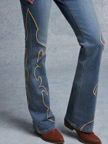 WESTFADE High Rise Western Embroidery Fitted Flare Denim Jeans Nashville Style - Medium Wash - View 2