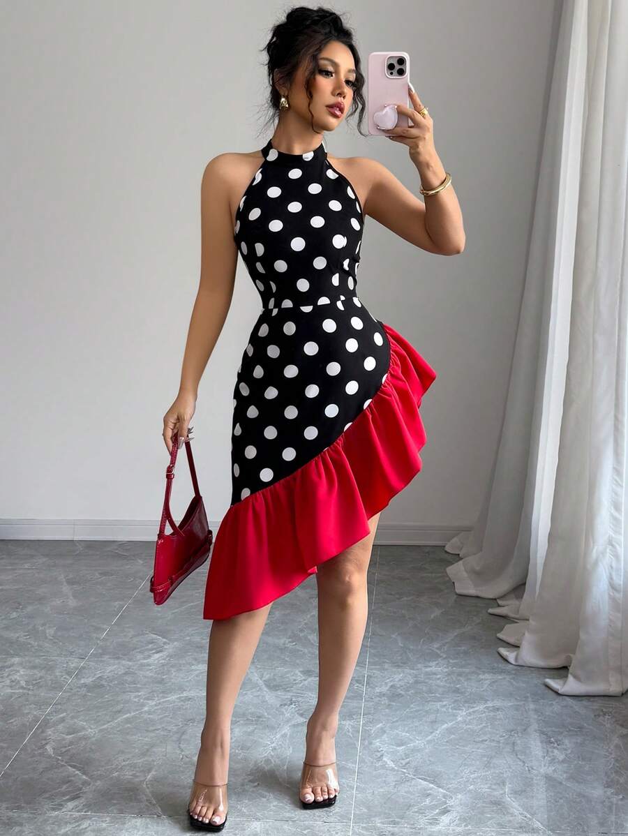 Elenzga Women Sleeveless Asymmetrical Hem Elegant Sexy Dress - Red and Black - View 1