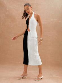 L'Amorae Falda midi de verano de ganchillo de color contrastante, atuendos de vacaciones en la playa, atuendos de verano para mujeres - Blanco y Negro - Ver 4