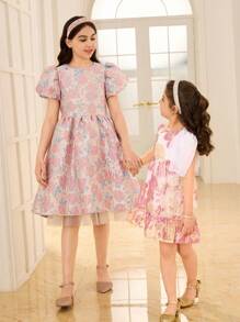 SHEIN Glamorique Kids Tween 女孩时尚优雅提花泡泡袖夏季派对连衣裙，适合日常、派对和聚会，展现女孩的优雅、纯真和优雅 - 彩色 - 查看 7