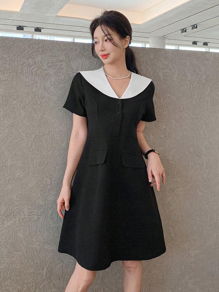 Sommerneu Vintage-Stil Farbblock Kurzarm Kleid, Frauen ästhetisches Mädchen Outfit Sommerkleid