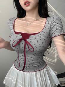 DAZY 夏季新款二合一碎花短袖女式 T 恤，前系蝴蝶结装饰，性感短款 T 恤可爱上衣 - 灰色 - 查看 3