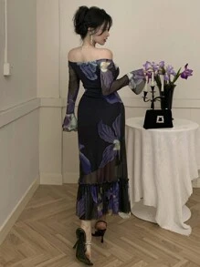 DAZY Wiosenna nowa sukienka letnia z kwiatowym nadrukiem i talią, Muse Off Shoulder Mesh Transparent Full Bloom Dress dla kobiet, falbana