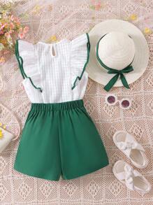 3pcs Tween Girls Textured Fabric Frill Trim Sleeveless Blouse With Green Shorts, Summer Vacation Outfit With Bonus Sun Hat - White - View 2